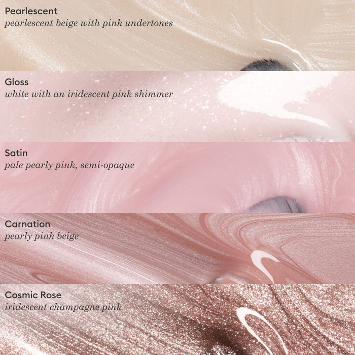 Close-up swatches of five Manucurist Carnation lip colors: pearlescent beige pink, iridescent pinkish white gloss, pale pink satin, pearly pink beige like Green™ nail polish, and iridescent champagne pink—each labeled by finish.