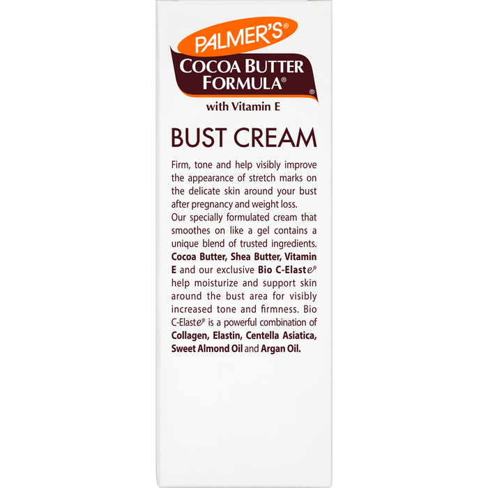Palmer’s Cocoa Butter Bust Firming Cream packaging with key ingredients listed.