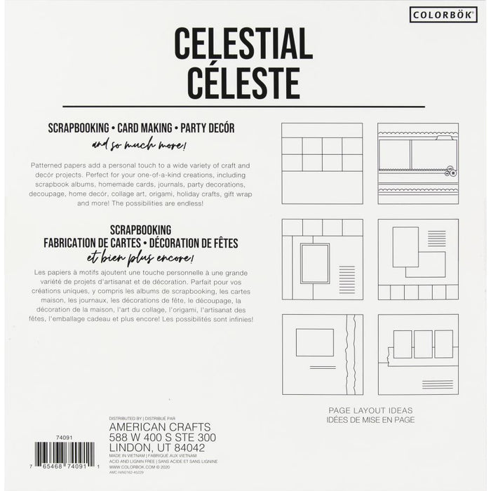 Colorbok - Designer Paper 12"X12" - Celestial. Create beautiful paper creations with the stunning papers found in Colorbok's Celestial paper pad. Each pad includes 25 unique designs (2 sheets per design). All sheets are single sided. Available at Embellish Away located in Bowmanville Ontario Canada.