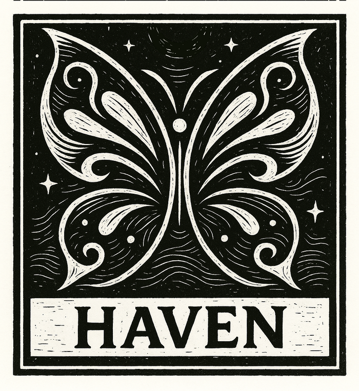 Butterfly design with 'HAVEN' text on a black background