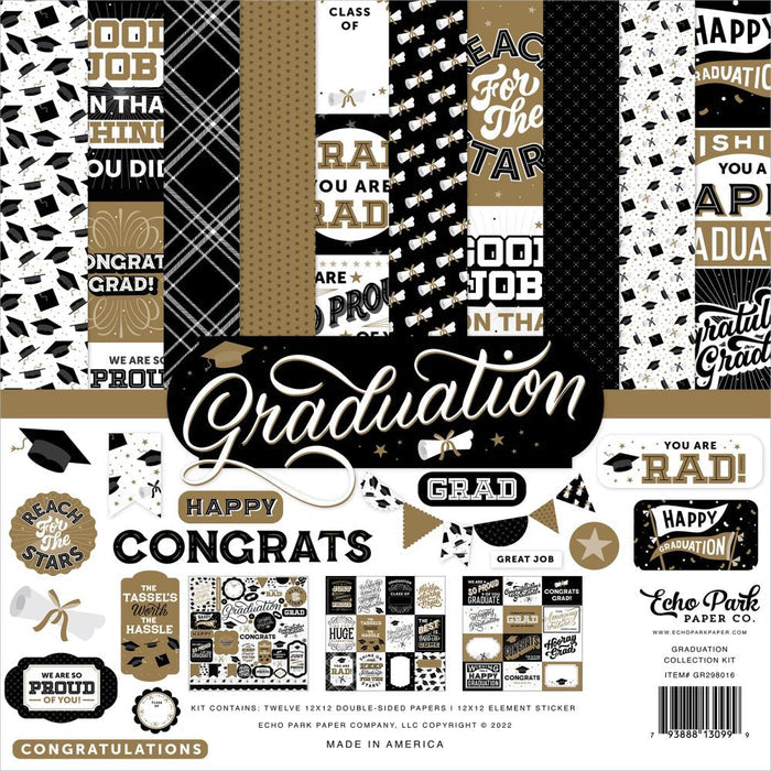 Echo Park - Collection Kit 12"X12" - Graduation. This package contains Echo Park Collection Kit - Graduation, 12 Double-Sided 12x12 inch pattern papers and one sheet of cardstock stickers. Made in the USA. Available at Embellish Away located in Bowmanville Ontario Canada.