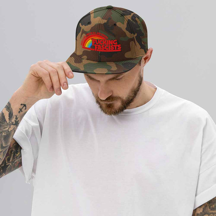 fucking fascist 6-panel flatbill green camo on man