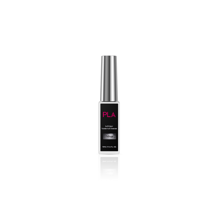Gel liner bottle with silver cap and black label on a white background