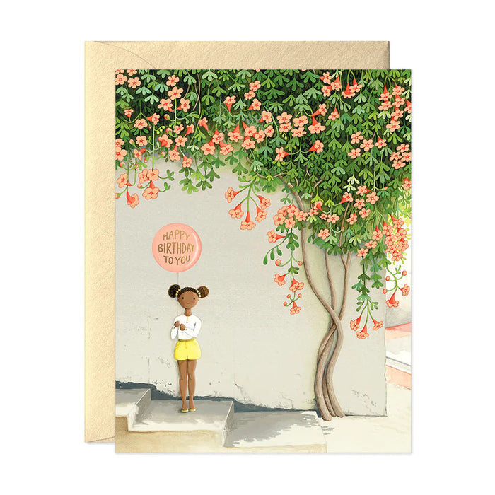 Birthday card: girl under flowering tree, 'Happy Birthday to You'