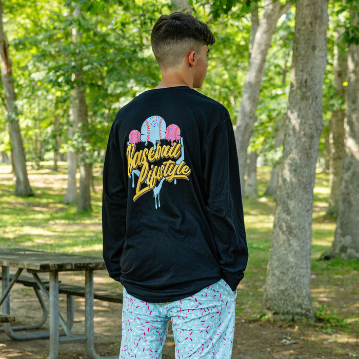 Adult model wearing ice Cream Long Sleeve Cotton Candy graphic tee