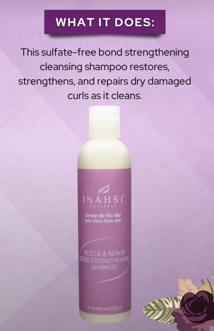 Inahsi Rescue & Repair bond strengthening shampoo bottle on purple background restoring and repairing dry damaged curls