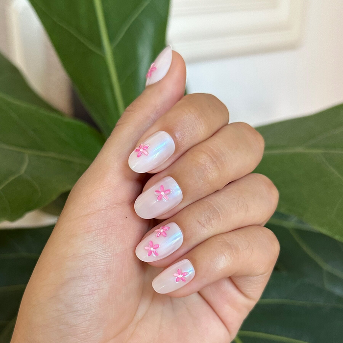 Puffy Petal Iridescent - Press-On | Short | Round sheer iridescent nails with raised pink floral details for a quick mani