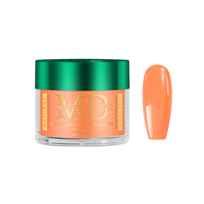 Jar of MD acrylic powder with a matching orange nail tip color swatch on a white background