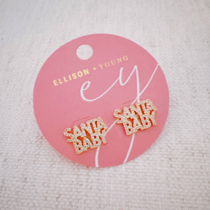 Ellison+Young Santa Baby crystal stud earrings featuring holiday-themed design, perfect for festive statement jewelry.