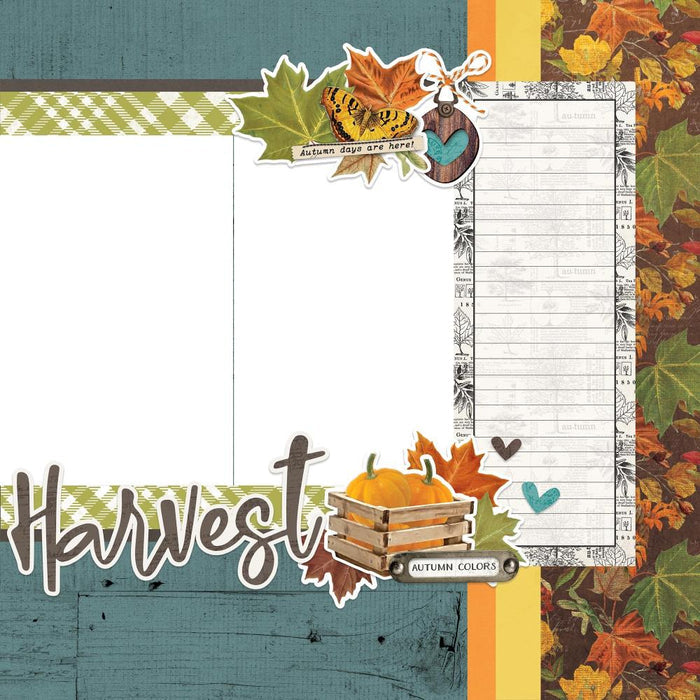 Simple Stories - Simple Pages Page Kit - Autumn Harvest - Country Harvest. This Kit includes (34) Chipboard Pieces, (66) Die-Cut Bits & Pieces, (4) 12x12 Cardstock Base Sheets and Complete Step-By-Step Instructions. Made in USA. Available at Embellish Away located in Bowmanville Ontario Canada.