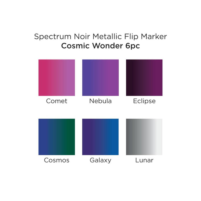 Spectrum Noir - Metallic-Flip Markers - 6/Pkg - Cosmic Wonder. Create stunning iridescent designs with colors that flip and change as they catch the light! These special metallic markers produce a range of shimmering hues for varied effects on light or dark paper. Perfect for writing, lettering, doodling, embellishing and more! This set is six assorted colors. Imported. Available at Embellish Away located in Bowmanville Ontario Canada.