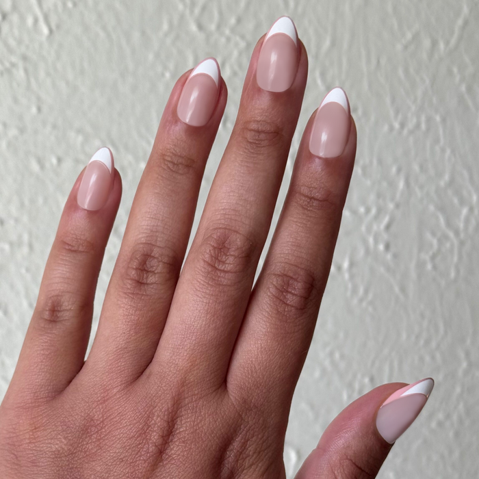 Study Hall Open French - Press-On | Medium | Almond nails with elegant white tips and soft pink base for easy at-home manicure