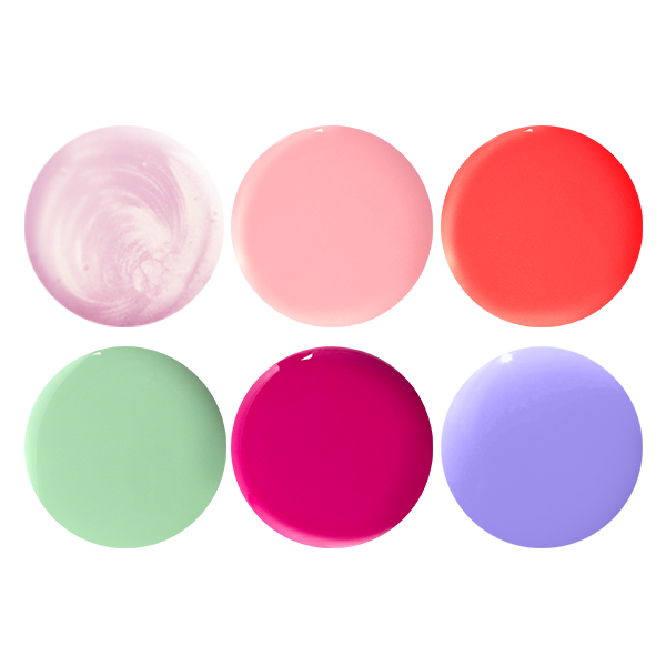 Six gel polish swatches in pastel and bright shades from the Summer Bestsellers Gel Mani System by Olive and June