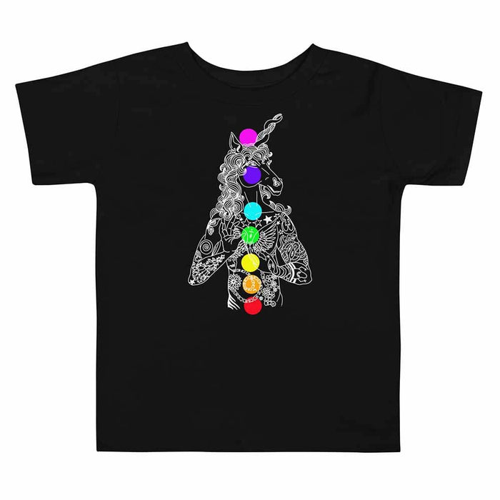 Black t-shirt with a unicorn design featuring colorful chakra symbols on a white background