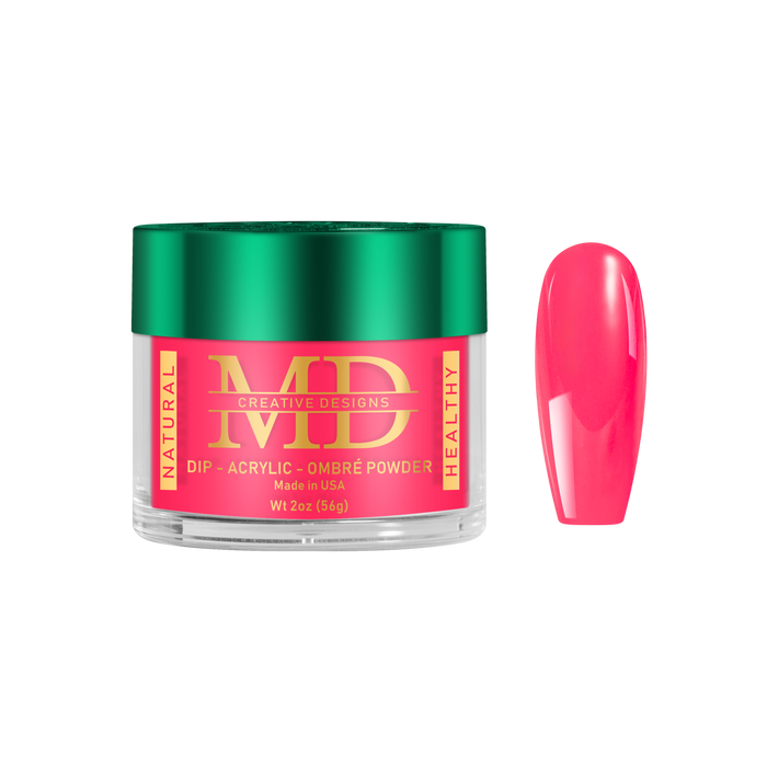 Jar of MD nail powder with a pink nail tip color swatch on a white background