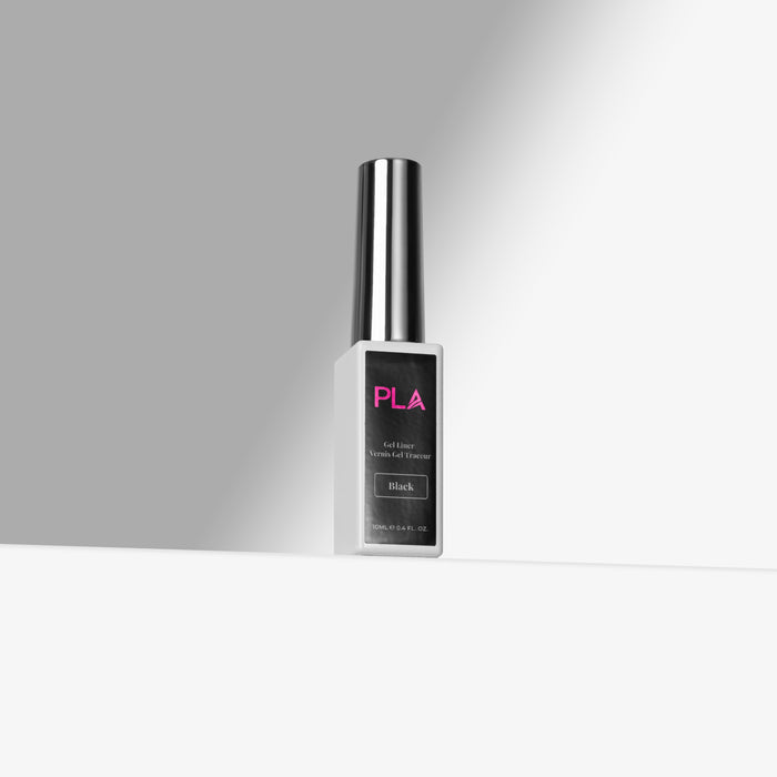 A bottle of PLA Gel Nail Color in the shade Black, featuring a sleek black and silver design with a metallic cap, set against a minimalist gray and white background.