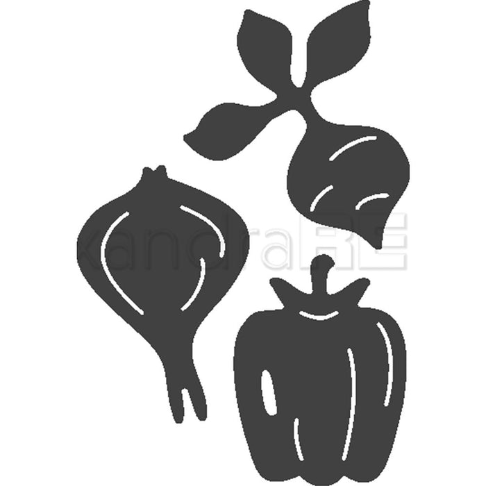 Alexandra Renke - Dies - Onion, Paprika & Radish. Design greeting cards, table cards, scrapbooks and much more. Together with your imagination, you will create very special treasures. Can be used with most die cutting machines. This package contains Onion, Paprika, Radish: a set of three metal dies measuring between .76x1.18 inches and .99x1.14 inches. Made in USA. Available in Bowmanville Ontario Canada