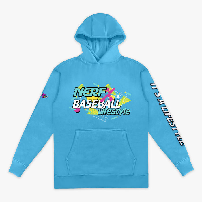 Blue hoodie with colorful 'NERF X Baseball Lifestyle' text on a white background