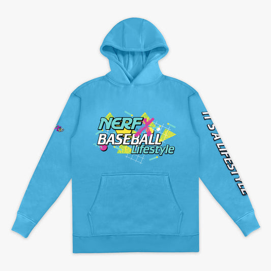 Blue hoodie with colorful 'NERF X Baseball Lifestyle' text on a white background
