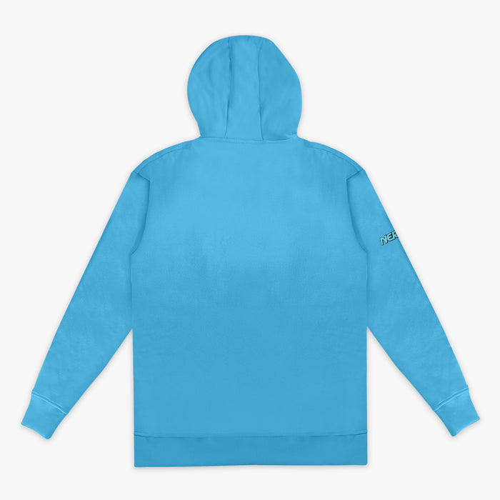 Blue hoodie with a nerf brand logo on the sleeve against a white background