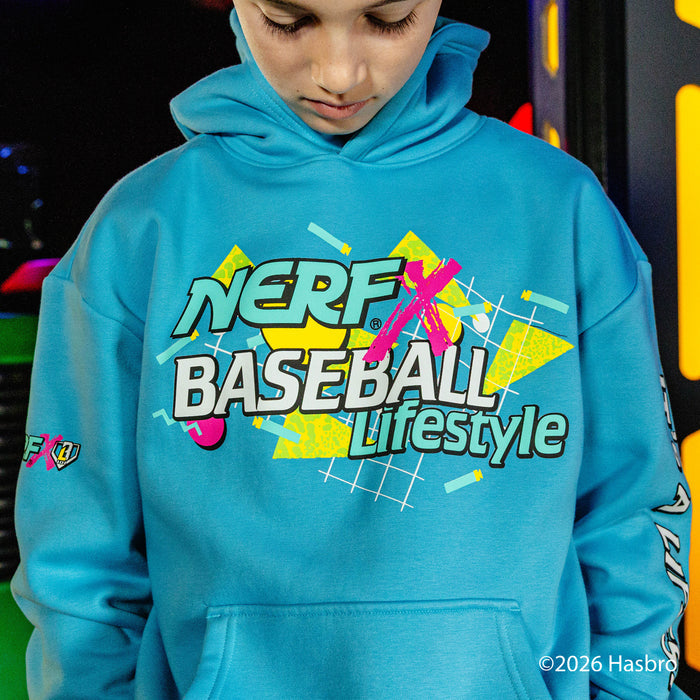 Person wearing a blue hoodie with and colorful 'NERF Baseball Lifestyle' text and graphics.
