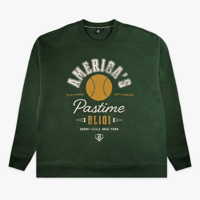 Front flat lay of the BL101 green crewneck sweatshirt, featuring a vintage-style baseball graphic with "Farmingdale, New York" and "America's Pastime BL101" text on a white background.