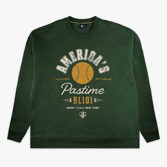 Front flat lay of the BL101 green crewneck sweatshirt, featuring a vintage-style baseball graphic with "Farmingdale, New York" and "America's Pastime BL101" text on a white background.