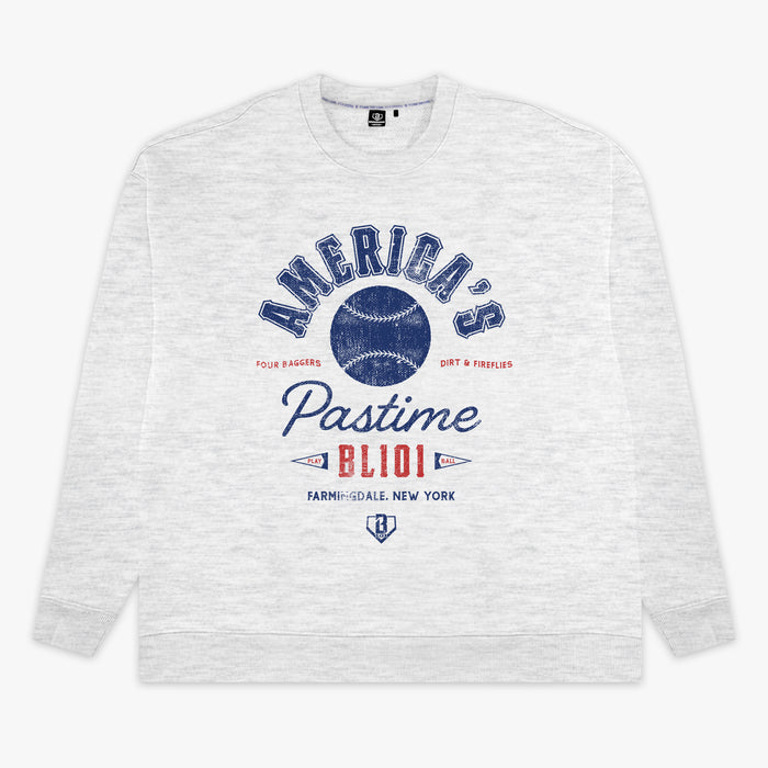 Front flat lay of the BL101 heather gray crewneck sweatshirt, featuring a vintage-style baseball graphic with "Farmingdale, New York" text on a white background.