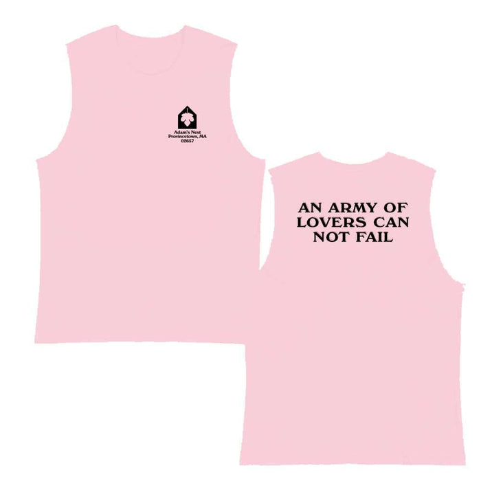 Pink sleeveless shirt with text and logo on a white background