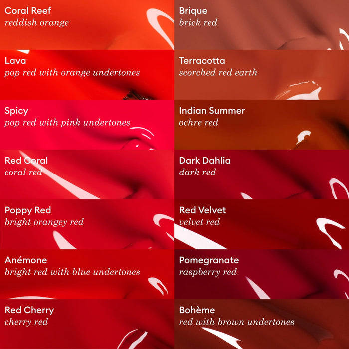 Manucurist's Pomegranate lipstick offers a richly pigmented red shade, inspired by pomegranates, as part of their twelve-shade palette—each label includes its name and description for easy selection.