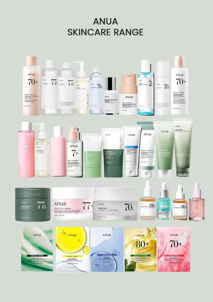 An assortment of ANUA skincare products displayed against a white background, including toners, cleansers, serums, and moisturizing creams.