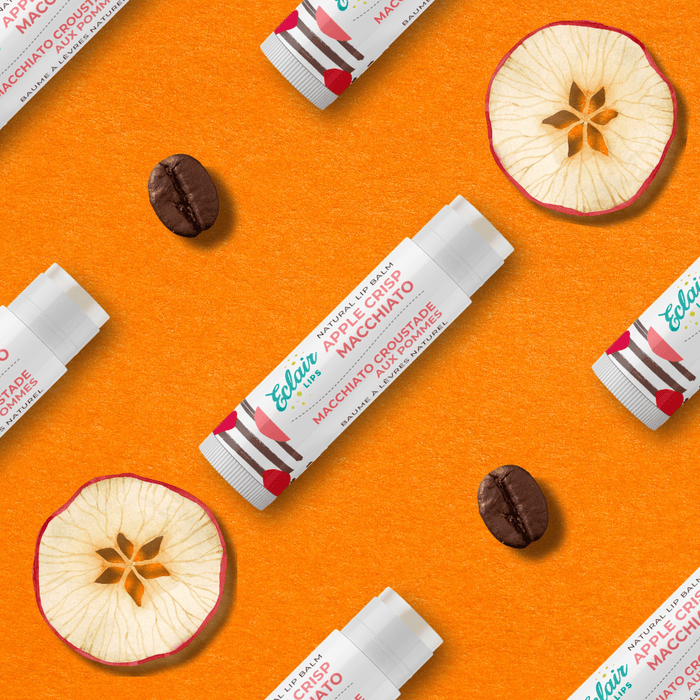 Apple Crisp Macchiato lip balm flatlay with apple slices & coffee beans