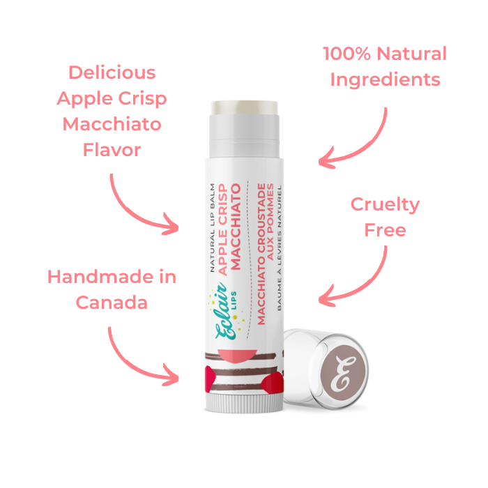 Lip balm tube with Apple Crisp Macchiato label.