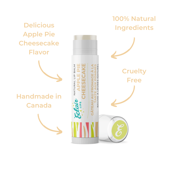 Lip balm tube with Apple Pie Cheesecake label.