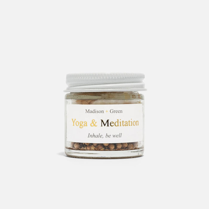 Aromatherapy inhaler jar with white cap and Yoga & Meditation label, by Madison + Green