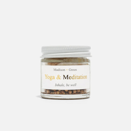 Aromatherapy inhaler jar with white cap and Yoga & Meditation label, by Madison + Green