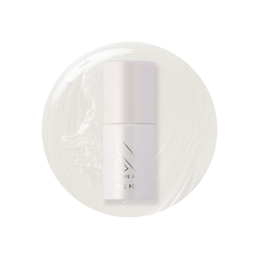 Atlas - Gel polish bottle on pearly white gel polish background for a clean and elegant manicure by Olive and June