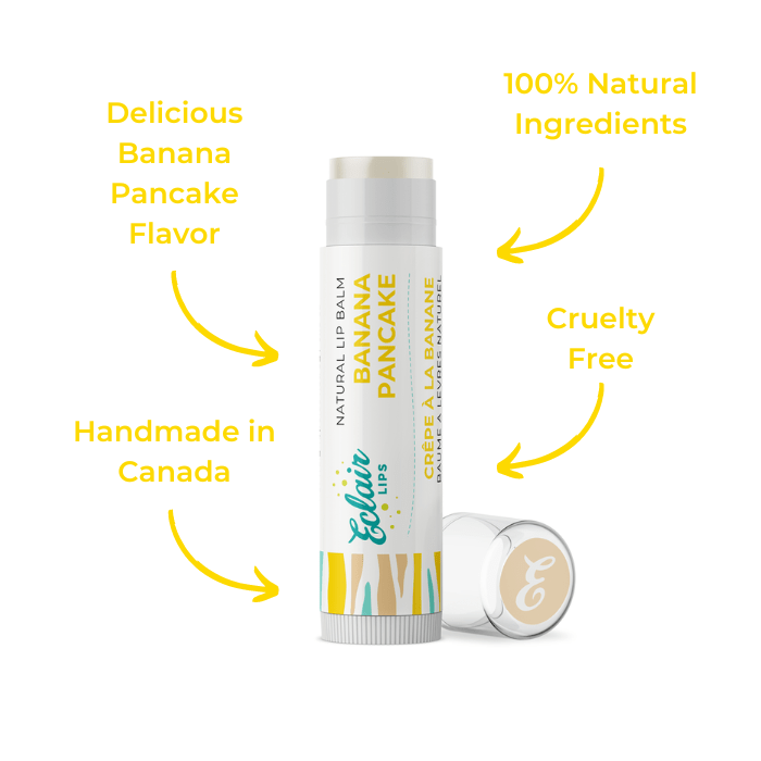Lip balm tube labeled Banana Pancake with cap beside it.