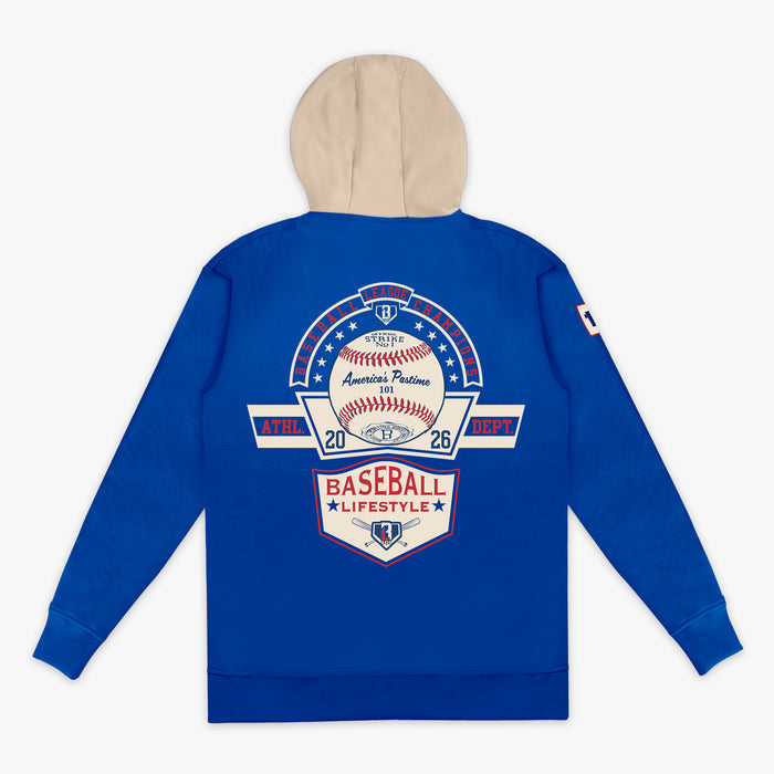 Back flat lay of the BL101 Baseball League Champions royal blue hoodie with a cream hood, featuring the America's Pastime baseball and Baseball Lifestyle shield graphic on a white background.