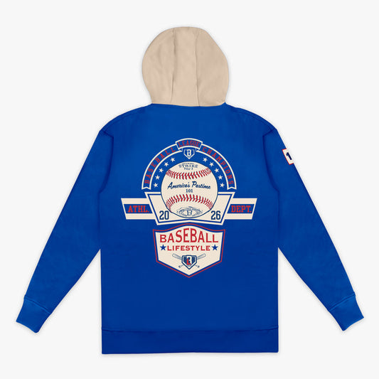 Back flat lay of the BL101 Baseball League Champions royal blue hoodie with a cream hood, featuring the America's Pastime baseball and Baseball Lifestyle shield graphic on a white background.