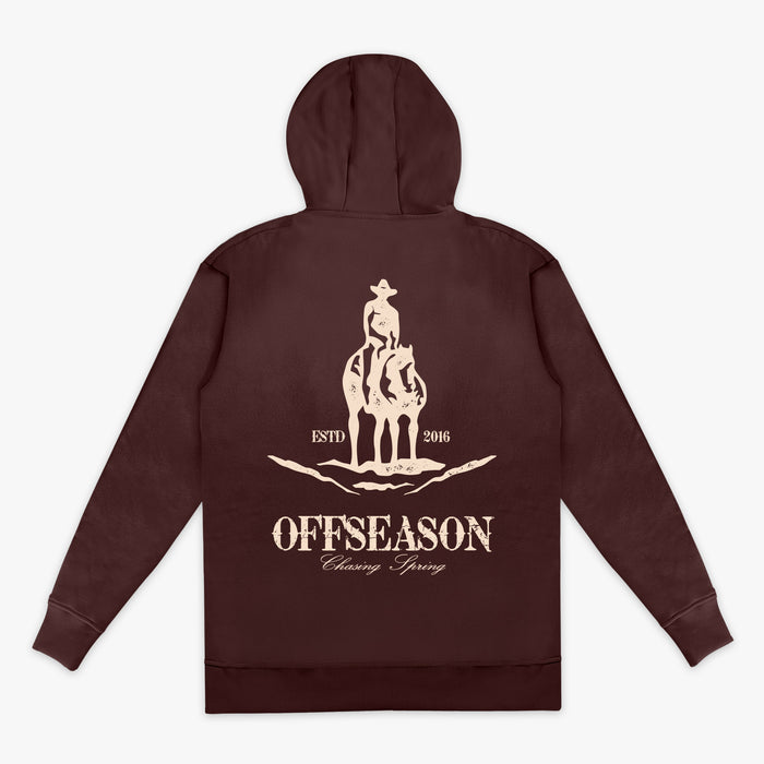 Brown hoodie with a graphic of a person on a horse and 'Offseason' text on the back, against a white background.