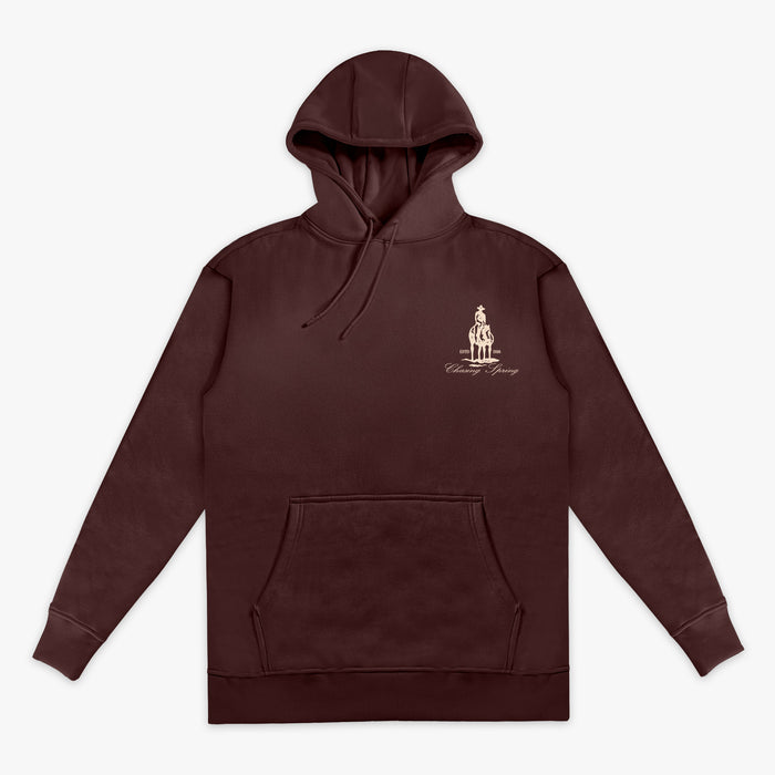 Brown hoodie with a beige horse logo on the chest against a white background