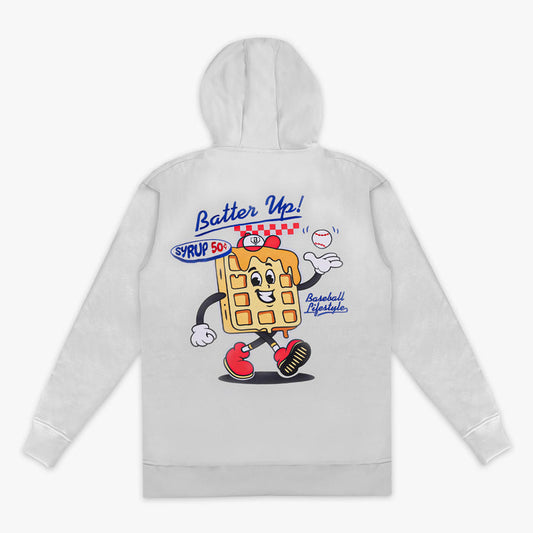 Gray hoodie with cartoon waffle character and 'Batter Up' text on the back against a white background