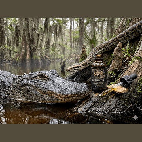 Beard Oil Sample Gator Scent bottle next to an alligator in a lush, wild Everglades setting.