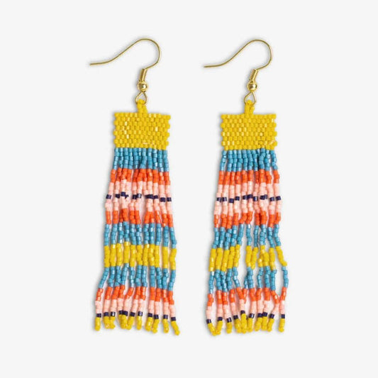 Beaded fringe earrings with horizontal stripes in yellow, blue, orange, pink; gold hooks