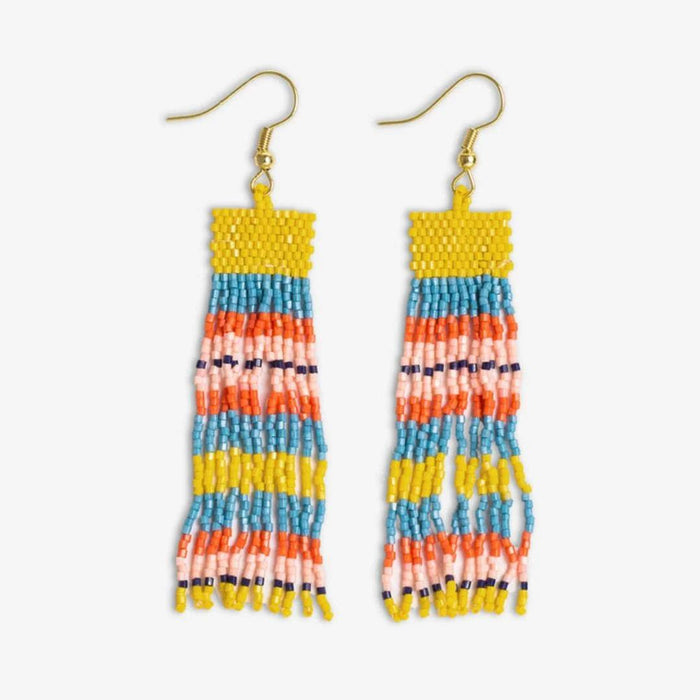 Dangling beaded earrings with mixed horizontal stripe pattern and tassel fringe; gold hooks