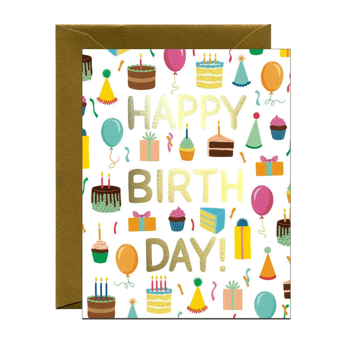 Birthday greeting card with colorful foil-stamped Happy Birthday lettering