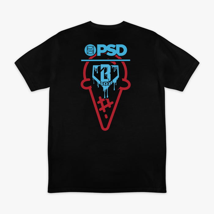 Black BL 101 X PSD Scoops graphic tee — back view
