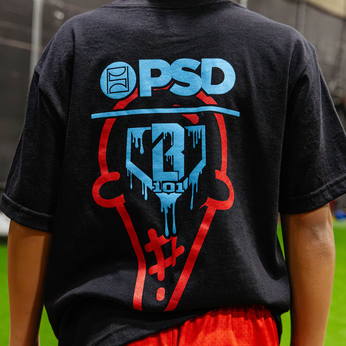 Adult model wearing black BL 101 X PSD Scoops graphic tee