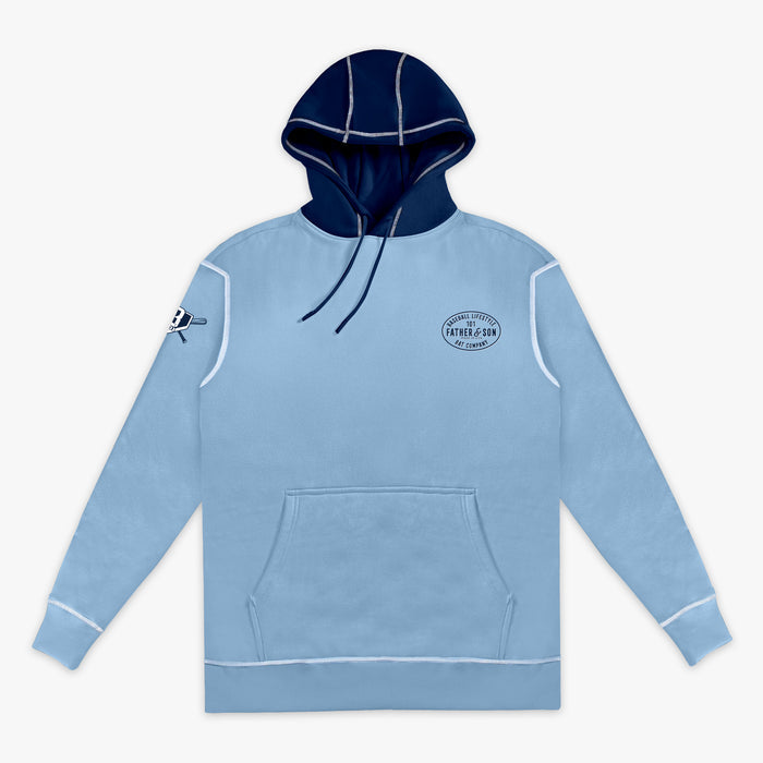 Flat lay front view of the adult columbia blue BL101 Bat Co Hoodie showing the Father & Son Bat Company chest stamp, BL101 sleeve logo, navy contrast hood, and kangaroo pocket.